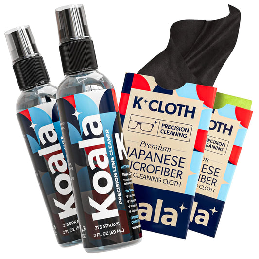 Koala Eyeglass Lens Cleaner Spray Kit | (2x) Glasses Cleaner Bottle + (2x) Microfiber Cloth | Alcohol Free Eyeglasses Screen and Camera Cleaning Kit | Made in USA (4 Piece Set)
